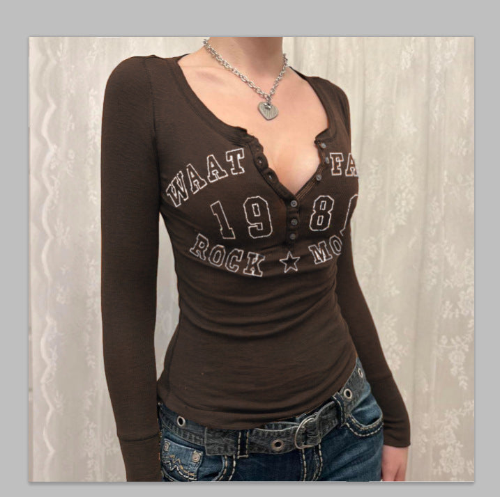 Number Letter Print Breasted Slim Long Sleeve Tee