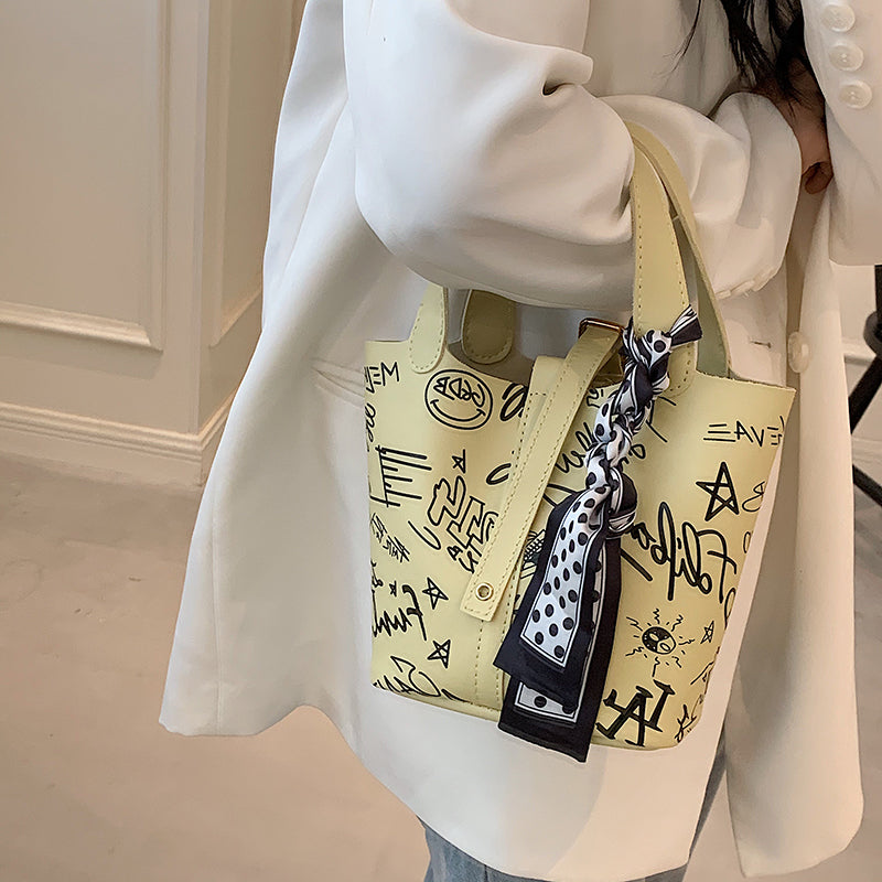 Cartoon Print Silk Scarf Bucket Bag