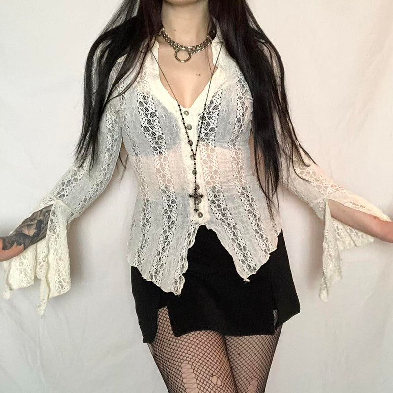 Fairycore Lace Patchwork Flare Sleeve Blouse