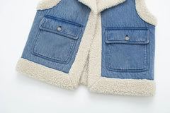 Denim Lamb Wool Sleeveless Jacket