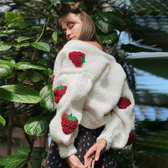 Cute Strawberry Loose V-neck Cardigan Sweater