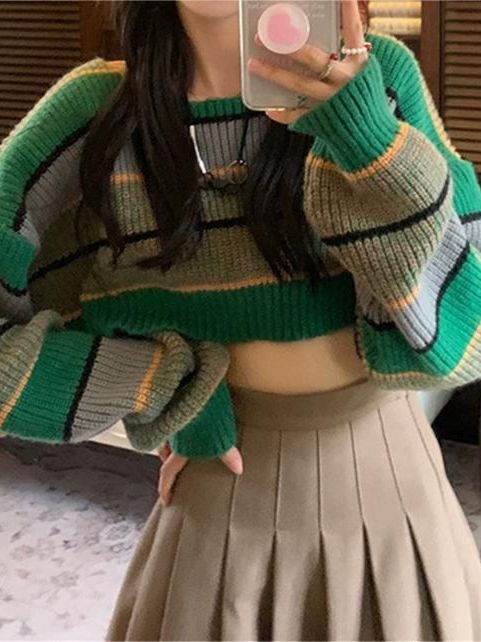 Contrast Color Stripe Loose Crop Sweater