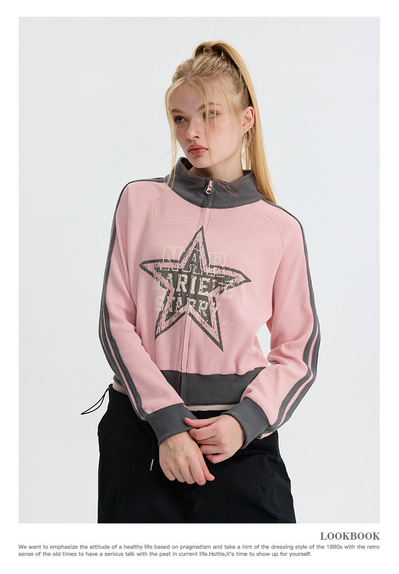 Contrast Color Star Letter Print Short Jacket