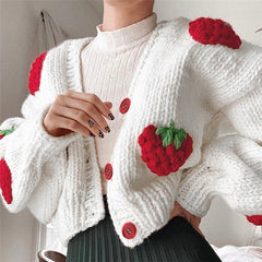 Cute Strawberry Loose V-neck Cardigan Sweater