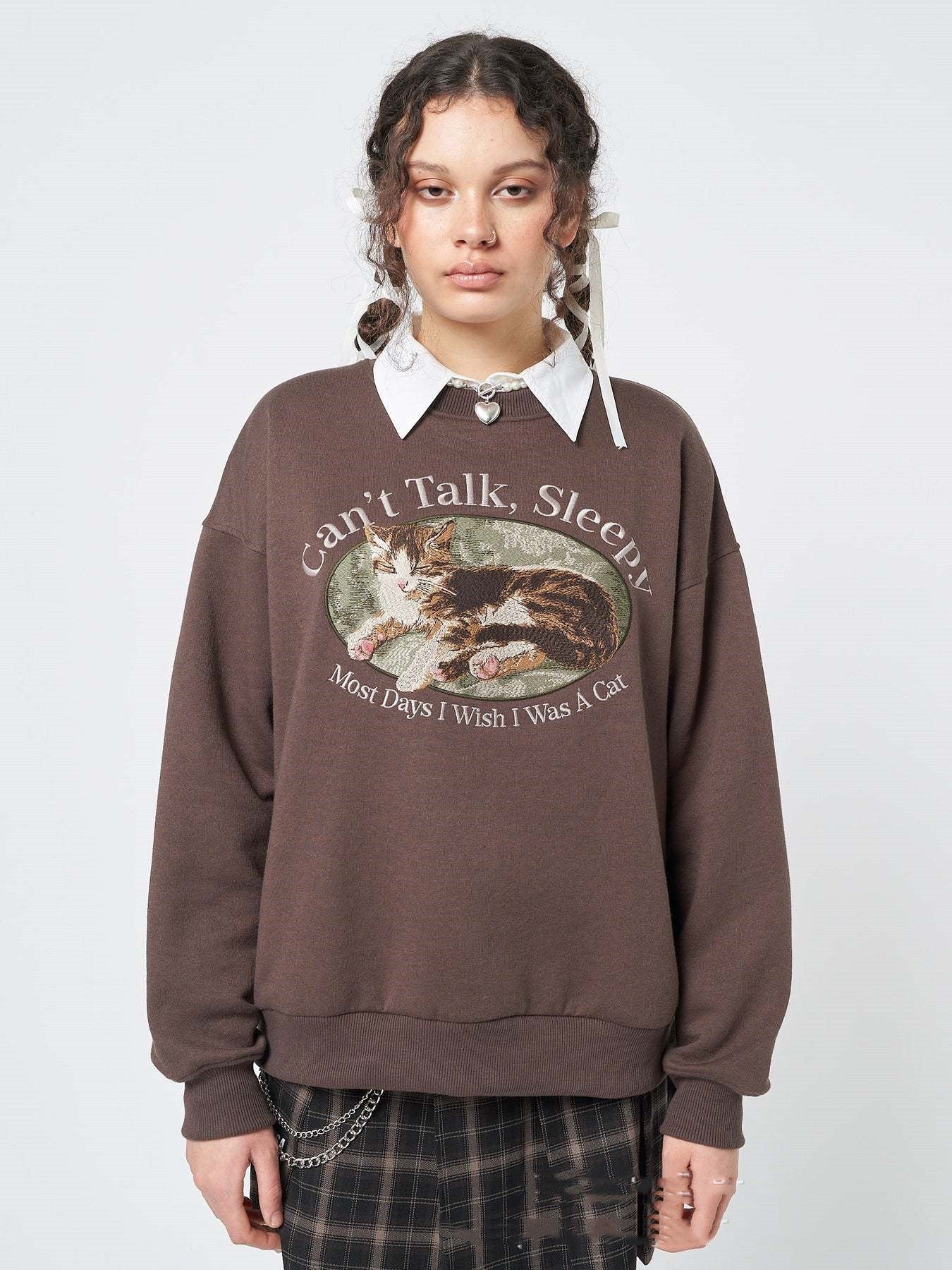 Can't Talk Cat Print Sweatshirt