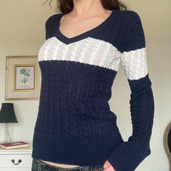 V Neck Striped Cable Knit Downtown 90s Top