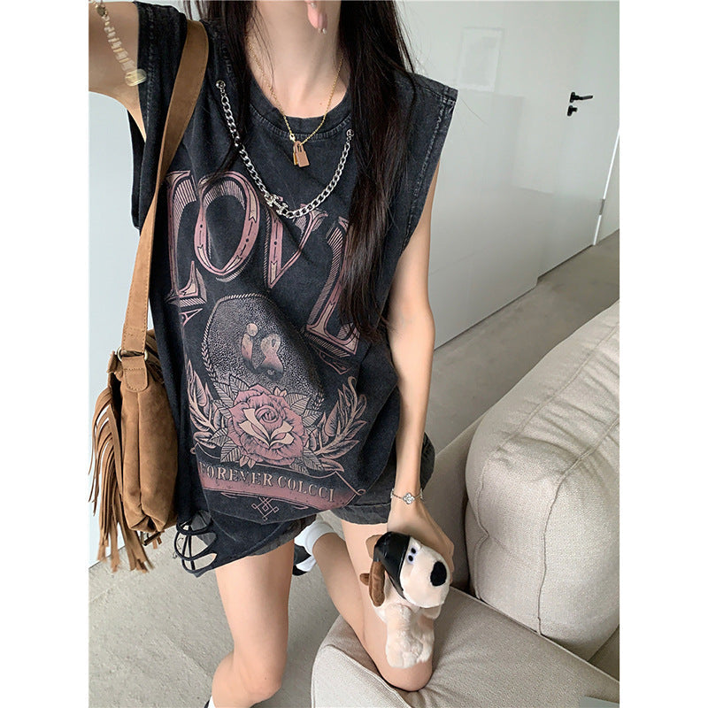 Grunge Foral Logo Oversized Ripped Tank Top