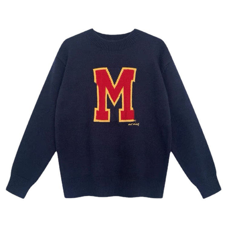 Contrast Color Letter Jacquard Knit Sweater