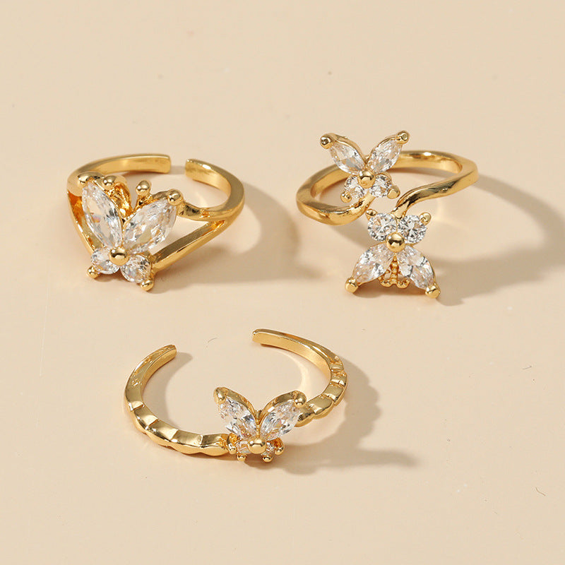 Zircon Butterfly Open Ring Three-piece Set