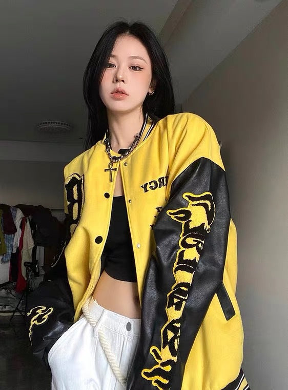 Collar Contrast Loose Baseball Jacket