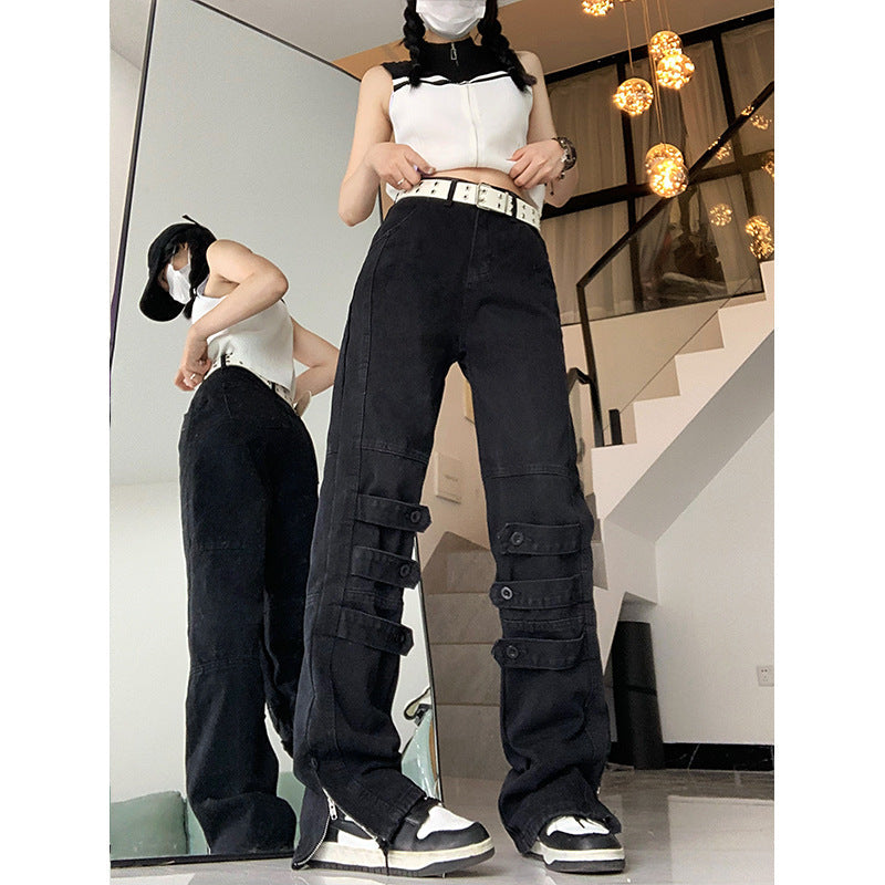 Black Ankle Straight Cargo Jeans