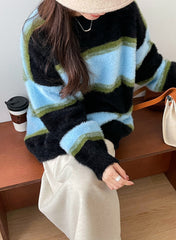 Contrast Striped Pullover Fuzzy Knit Sweater