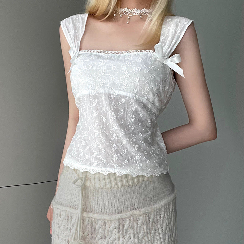 Embroidered Bow Lace Stitching Tank Top