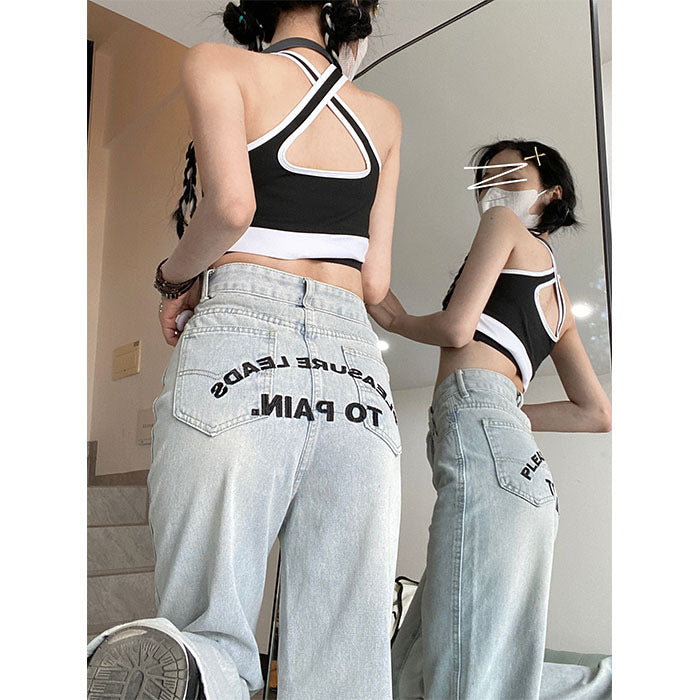 Contrast Letter Patchwork Straight Jeans