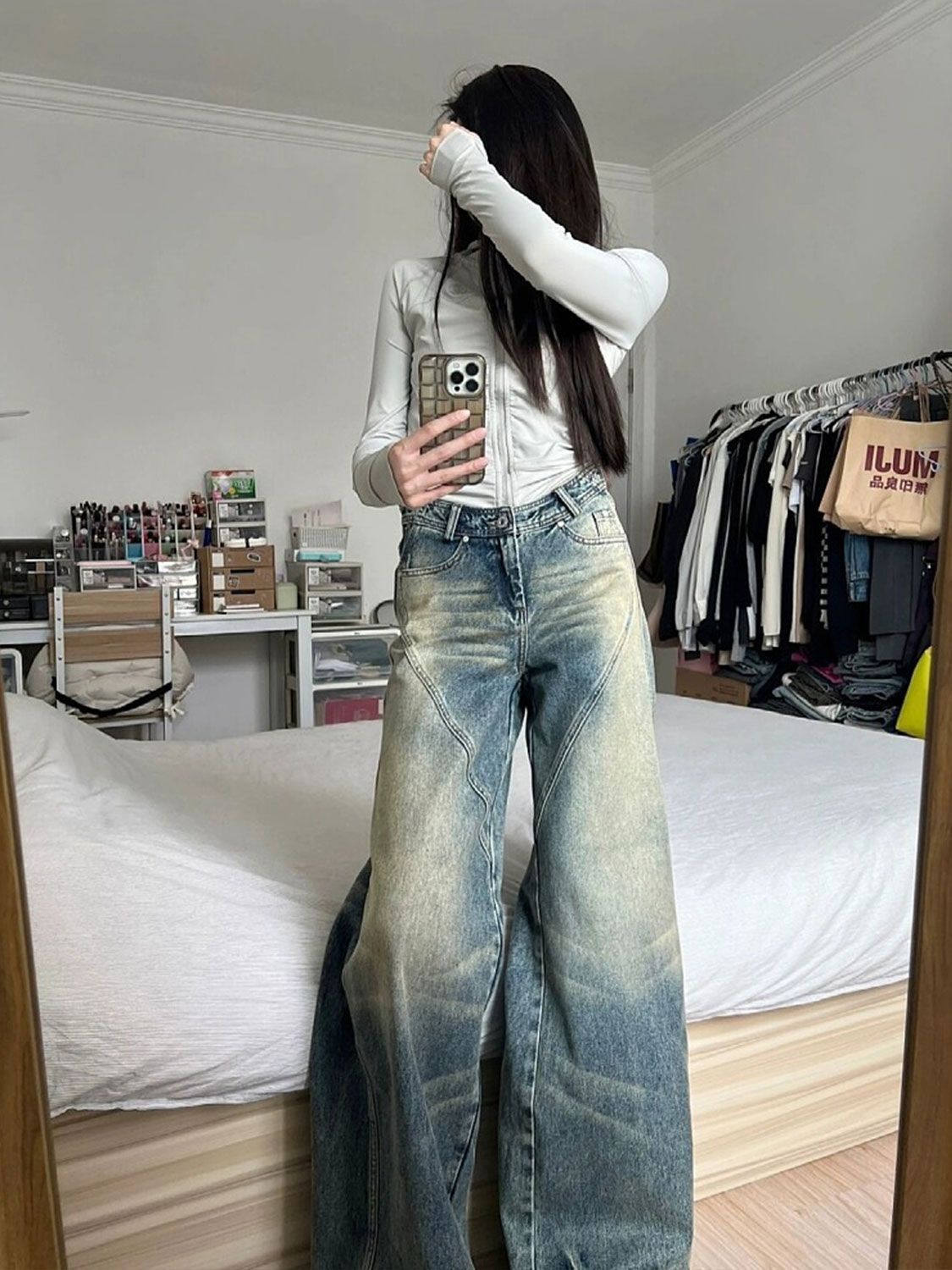 Distressed Washed Splice Design Loose Boyfriend Jeans