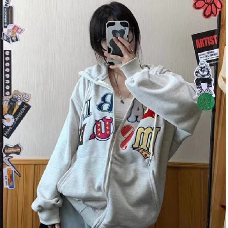 Aesthetic Embroidery Letters Zip Up Hoodie