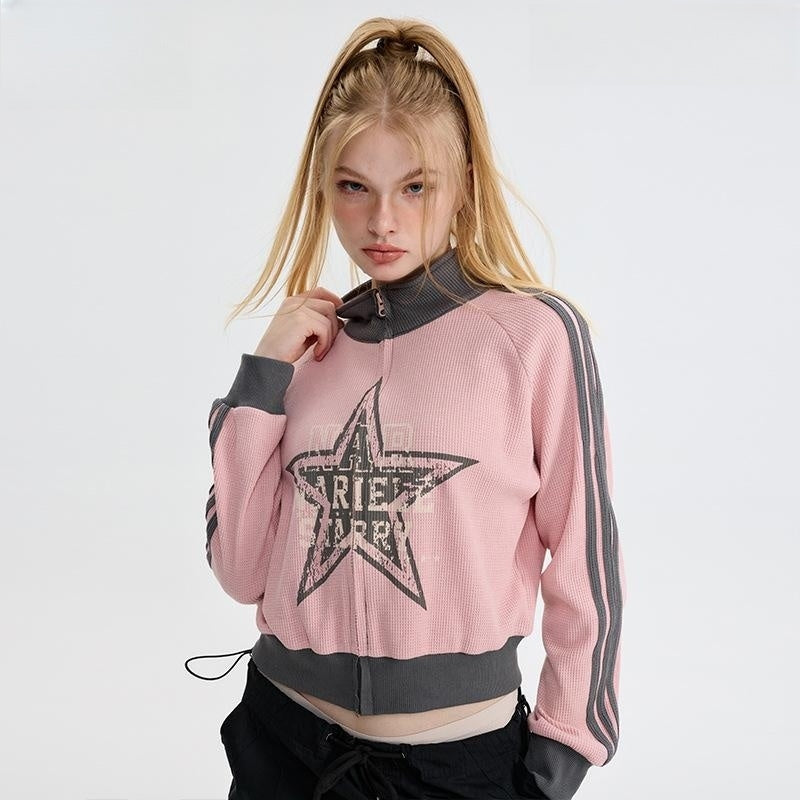 Contrast Color Star Letter Print Short Jacket