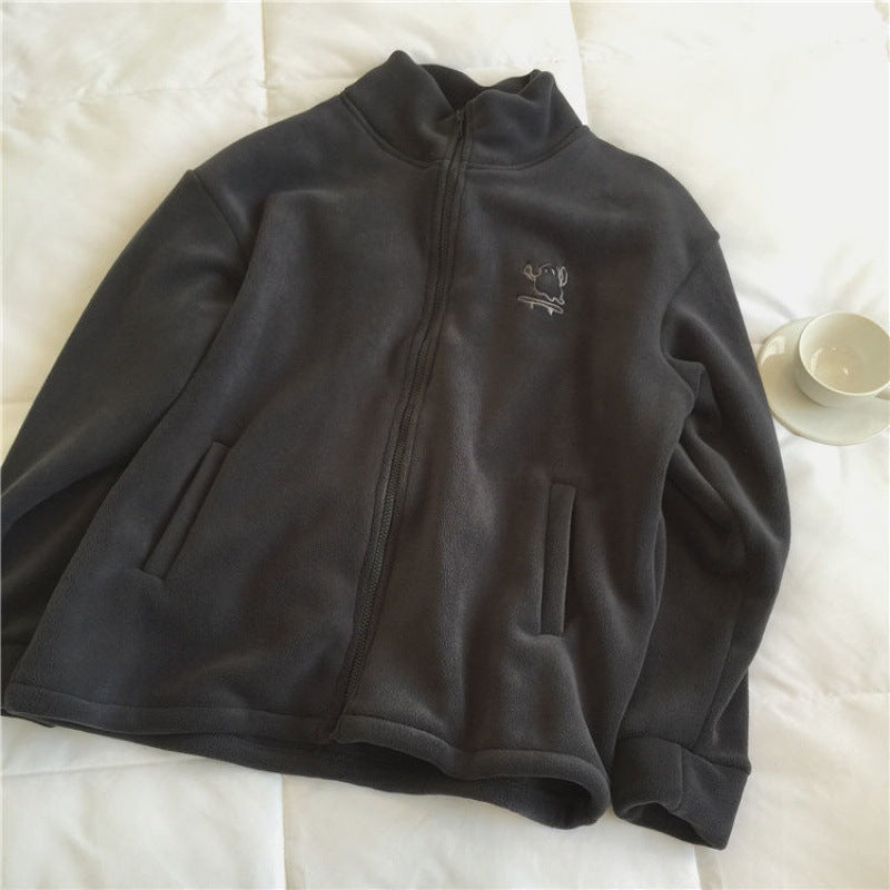 Embroidery Zip Up Fleece Jacket