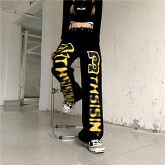 Harajuku Style Letter Print Straight Leg High Waist Jeans