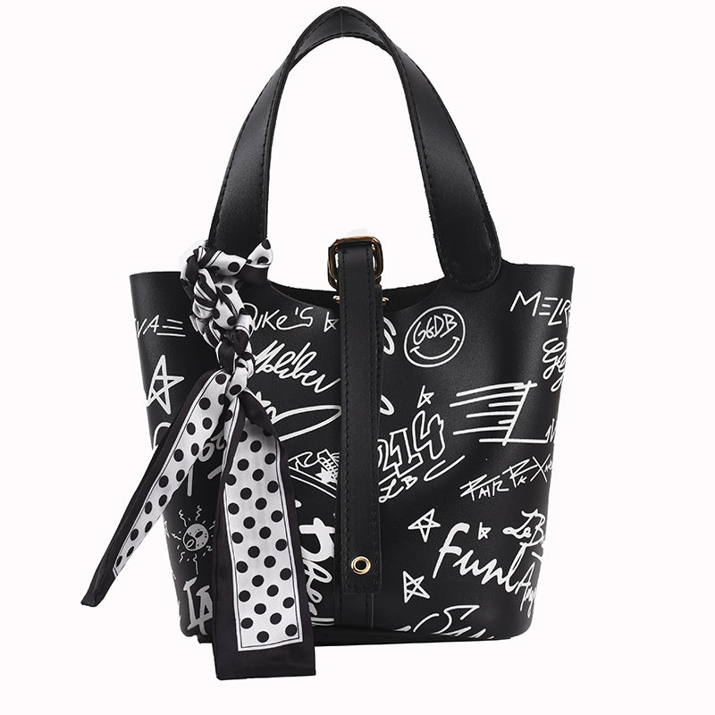 Cartoon Print Silk Scarf Bucket Bag