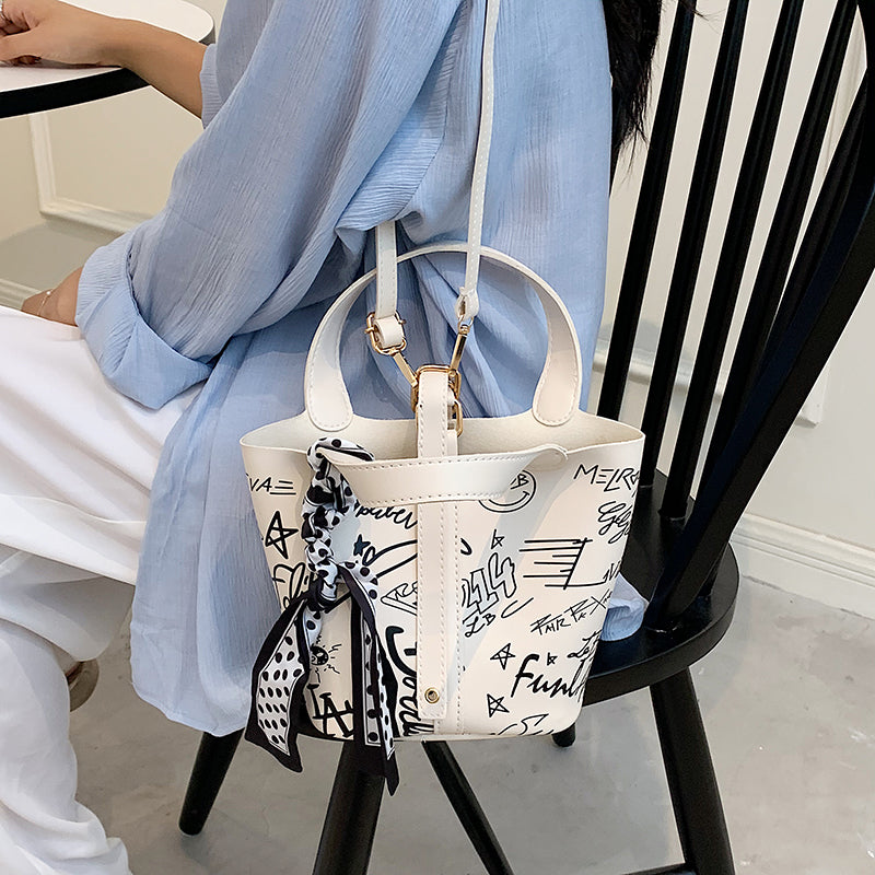 Cartoon Print Silk Scarf Bucket Bag