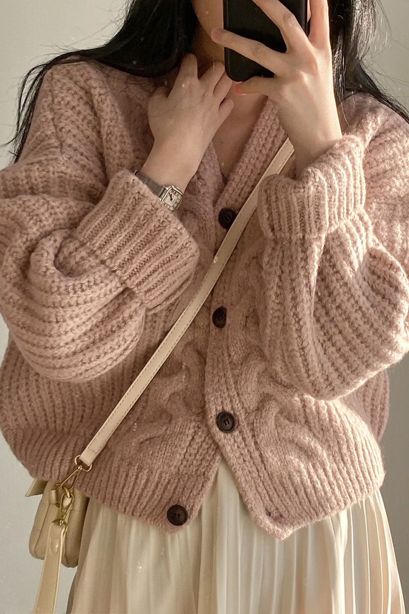 Solid V Neck Puff Sleeve Cable Knit Cardigan