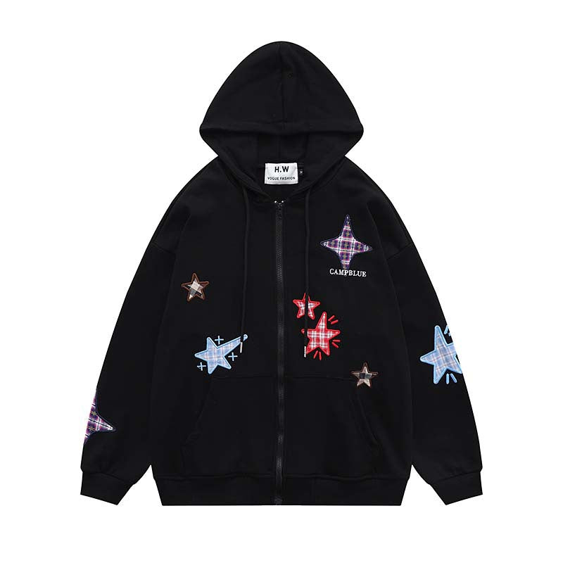 Embroidery Plaid Star Zip Up Hoodie