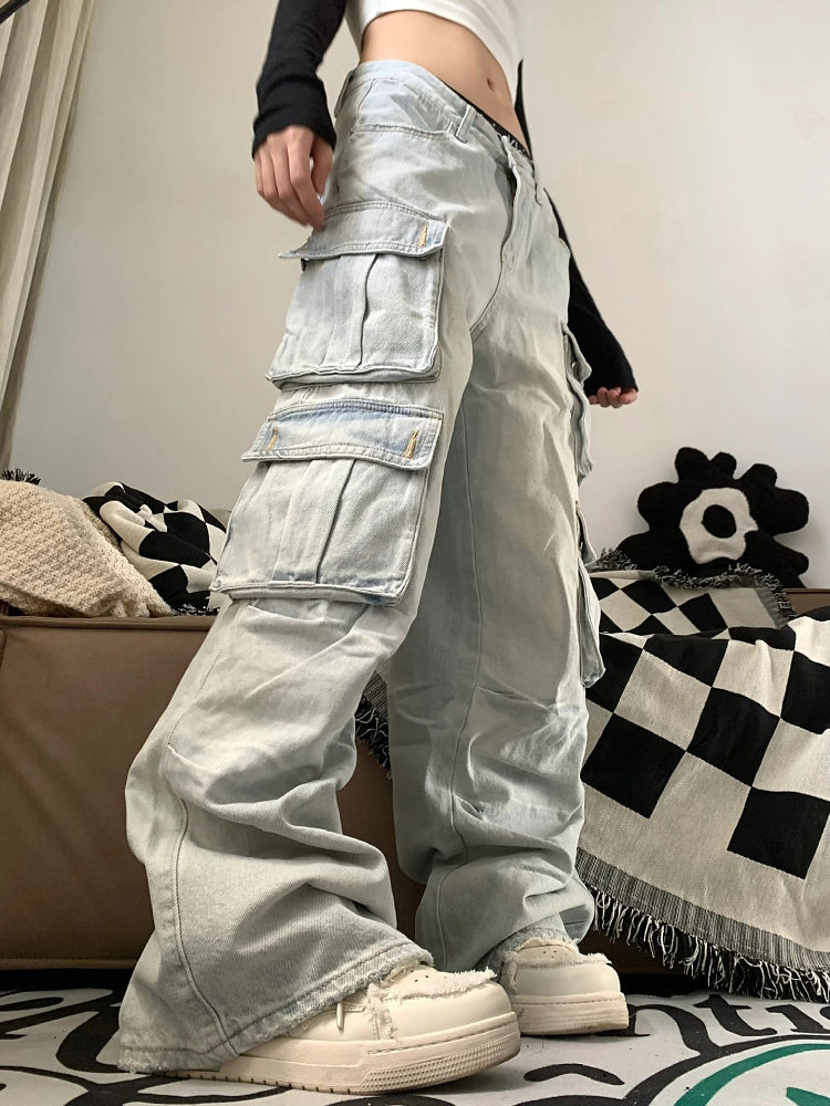 Multiple Pocket Washed Cargo Boyfriend Jeans