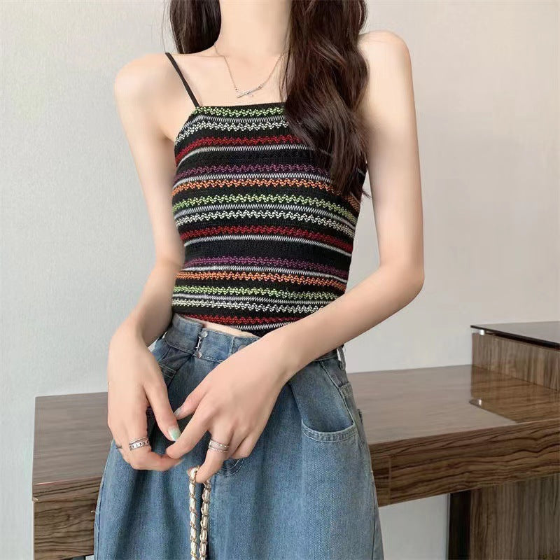 Color Block Striped Knitted Crop Cami Top