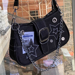 Chain Detail Star Buckled Denim Shoulder Bag