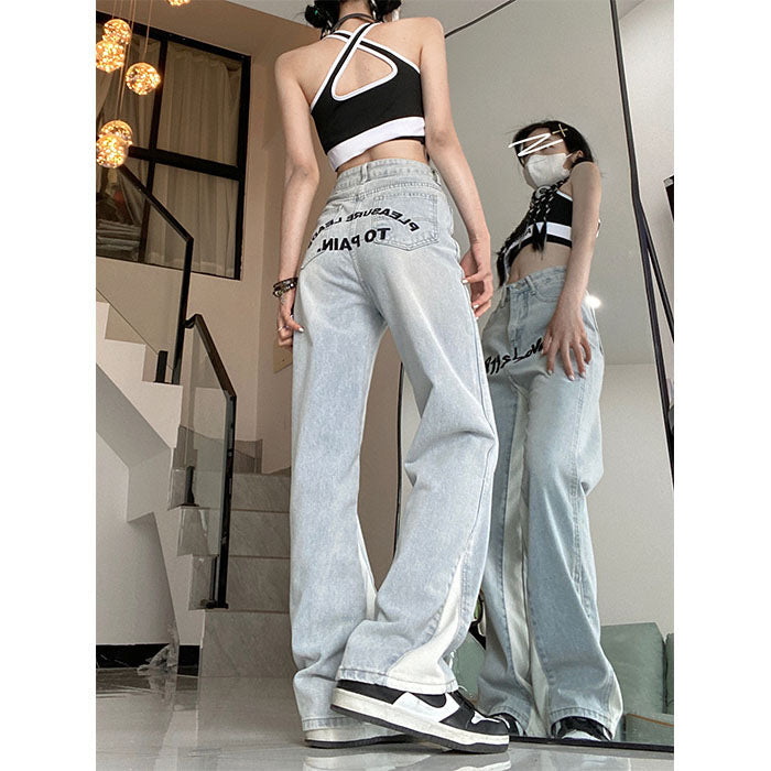 Contrast Letter Patchwork Straight Jeans