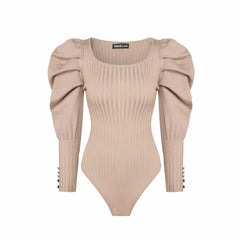 Square Neck Puff Sleeve Knitted Bodysuit