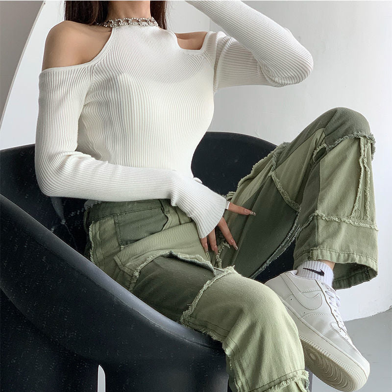 Stitching Contrast Color High Waist Straight Pants