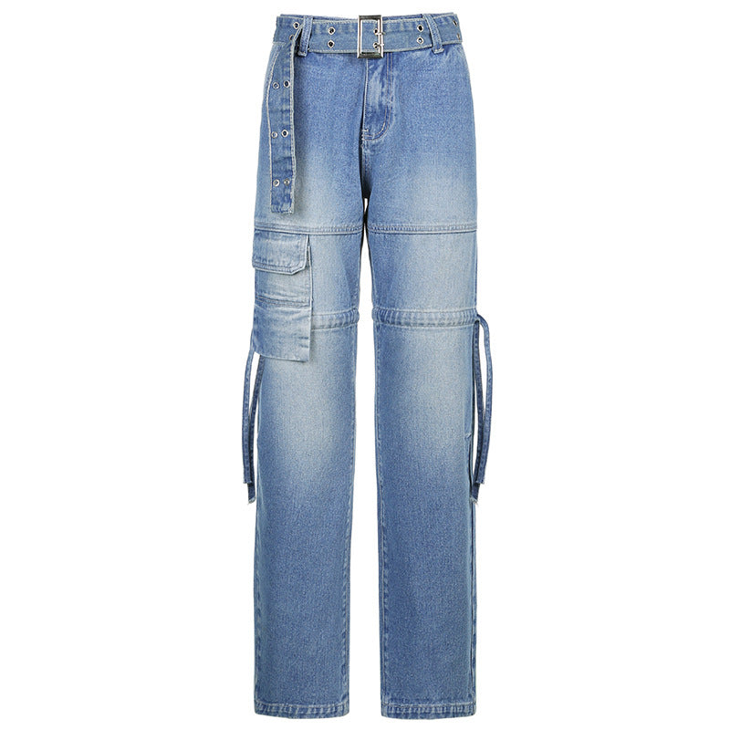 Mid Waist Belted Cargo Jeans