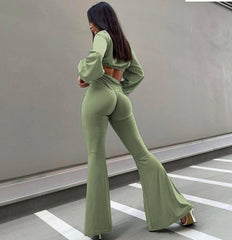 Casual High Waist Green Pants