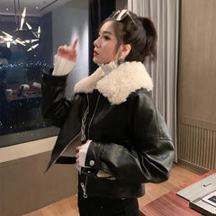 Lamb Wool Collar Pu Leather Jacket