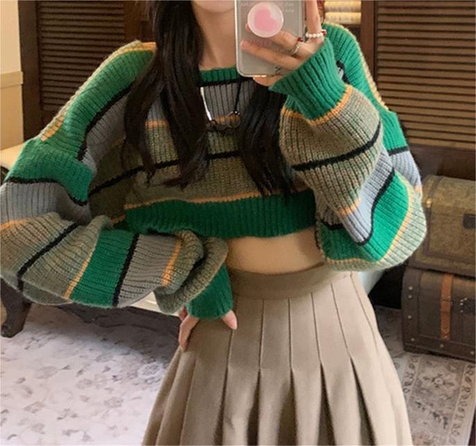 Contrast Color Stripe Loose Crop Sweater