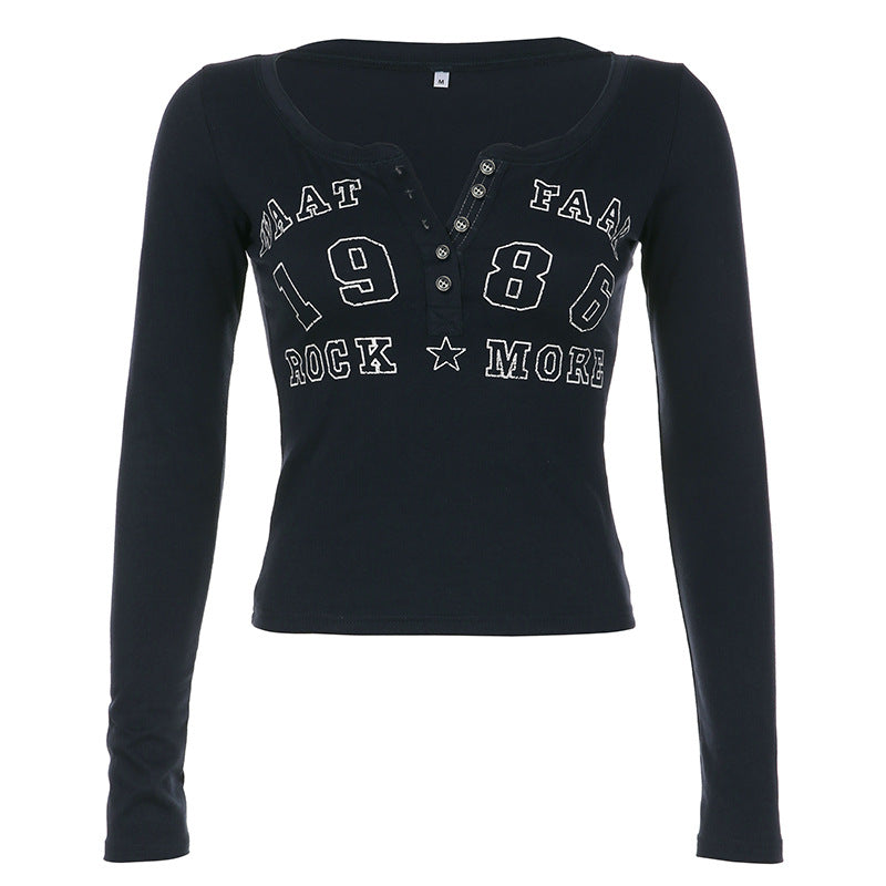 Number Letter Print Breasted Slim Long Sleeve Tee