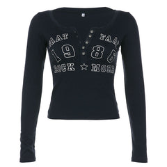 Number Letter Print Breasted Slim Long Sleeve Tee