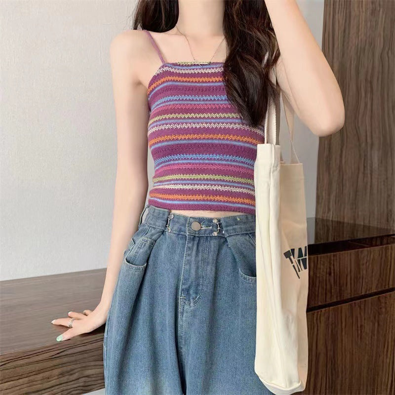 Color Block Striped Knitted Crop Cami Top