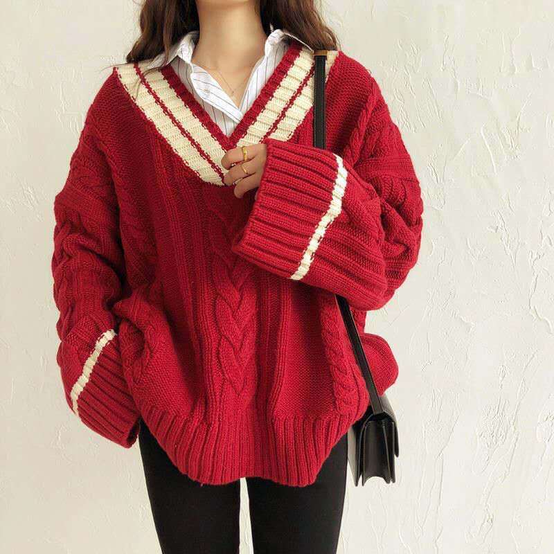 Contrast Color V Neck Cable Knit Sweater