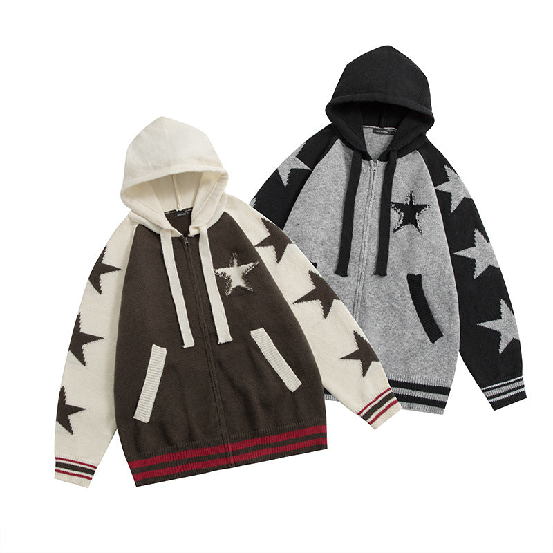 Contrast Star Jacquard Hooded Zip Up Cardigan