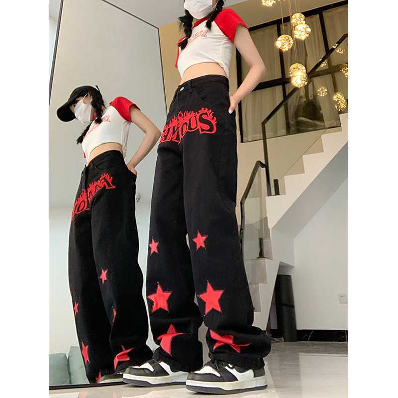 Hip Hop Loose American Star Print Distressed Jeans