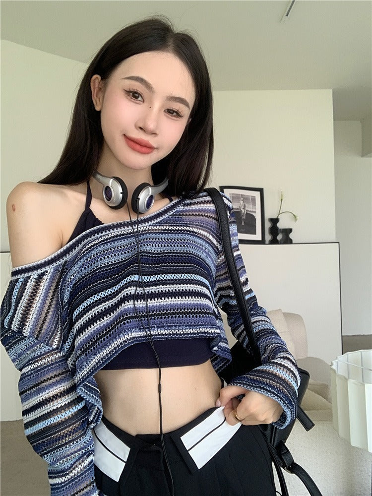 Contrast Striped Crochet Knit Crop Top