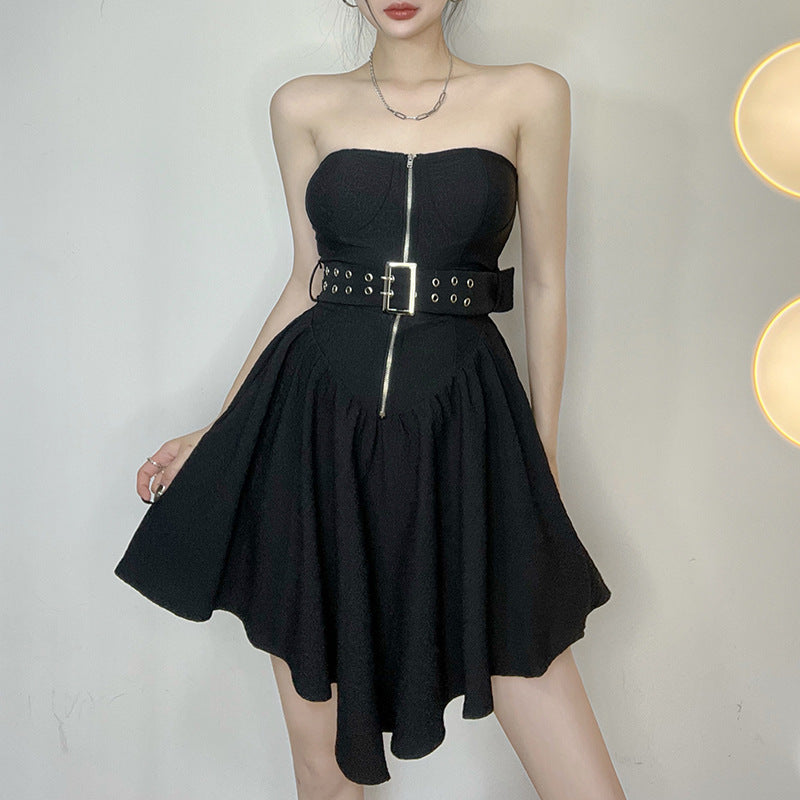 Metal Buckle Belt Draped Hem Irregular A Swing Dress