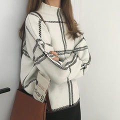 Core-spun high neck plaid sweater