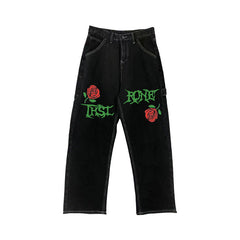 Rose Letters Vintage Street Wash Straight Jeans