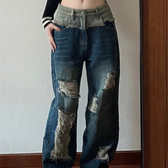 Patchwork Distressed Straight Leg Ripped Jeans