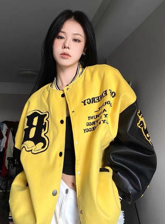 Collar Contrast Loose Baseball Jacket