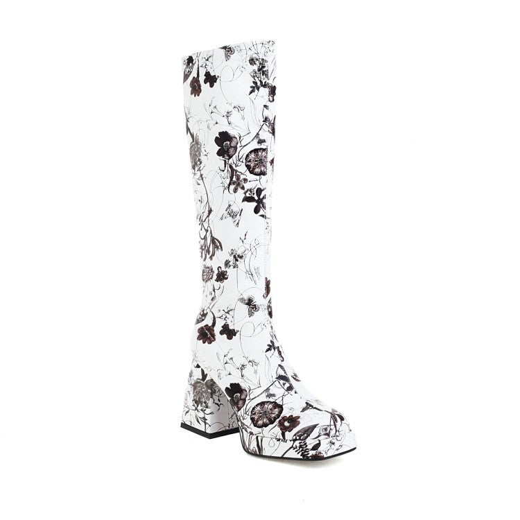 Colorful Floral Square Toe Boots